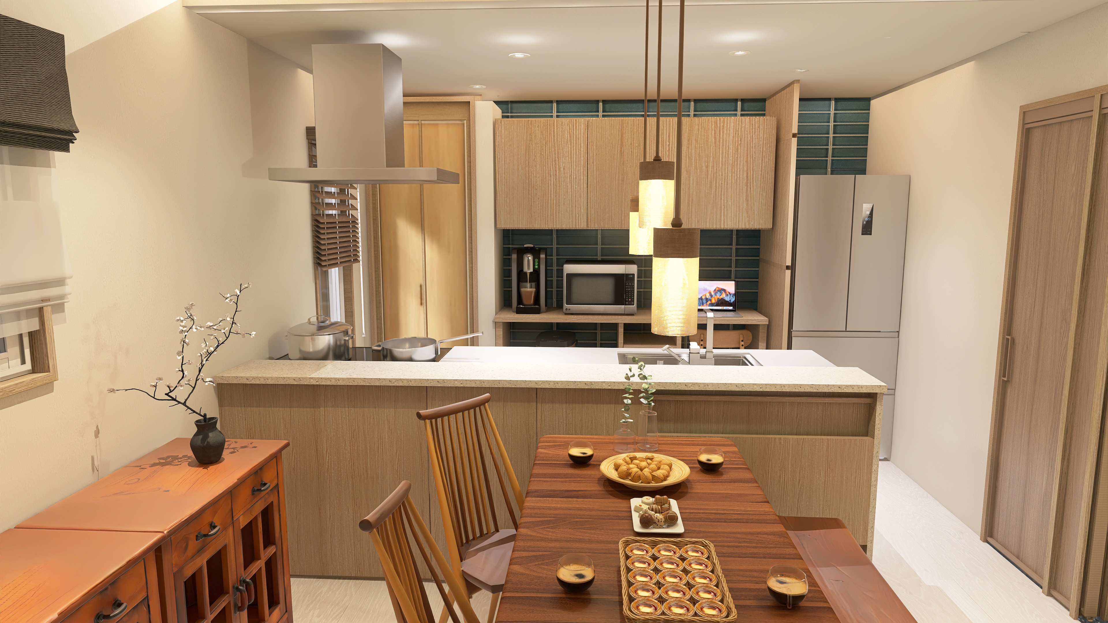 グリーンのアクセントタイルと対面式収納型キッチン